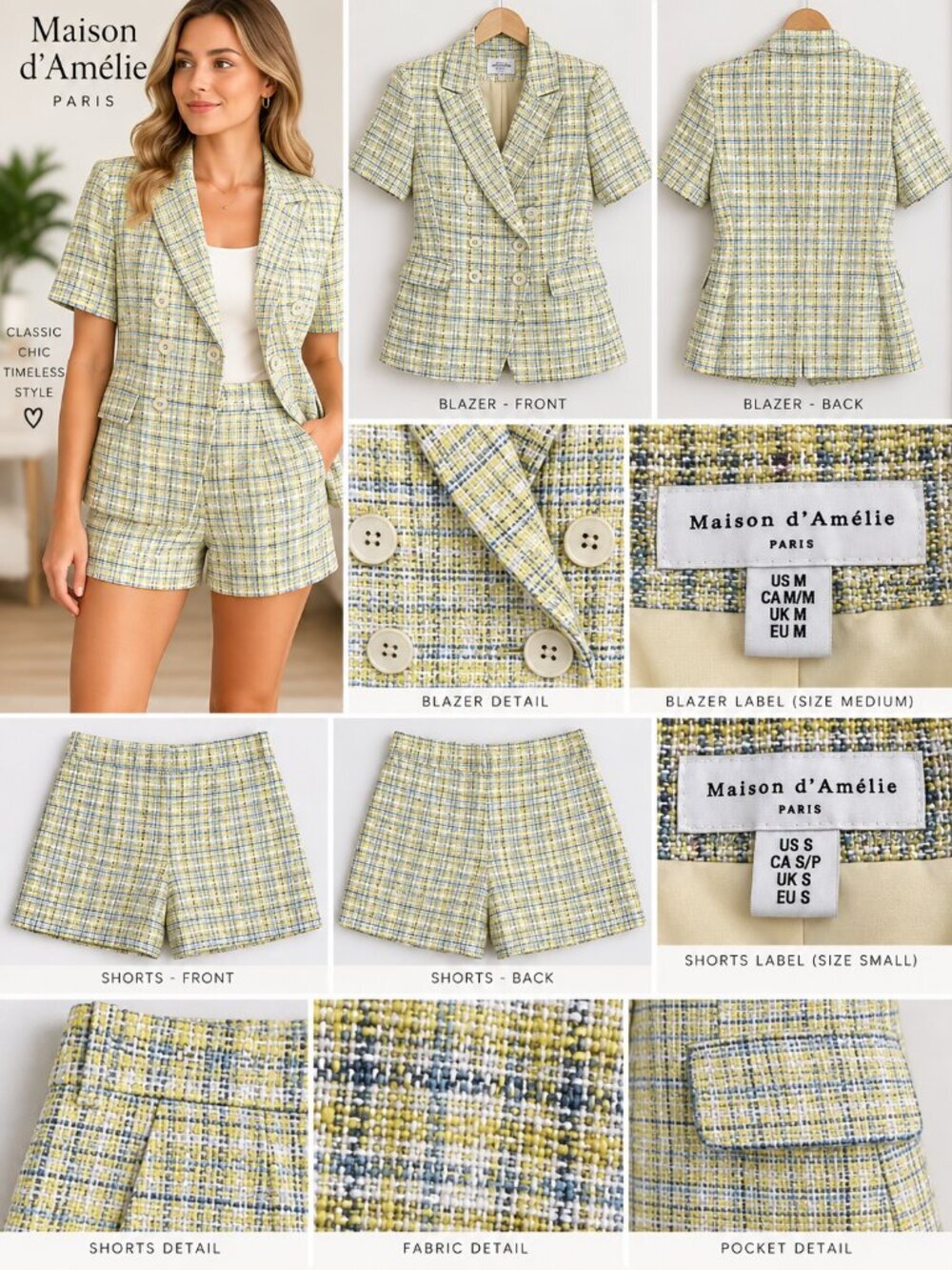 Maison d’Amélie Paris Tweed Plaid Blazer M Shorts S Matching Set Yellow Blue